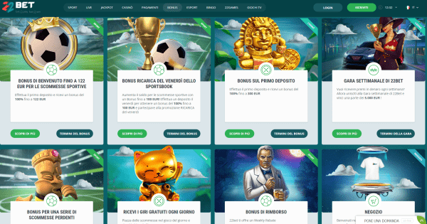 22Bet bonus benvenuto sport e casino 2026