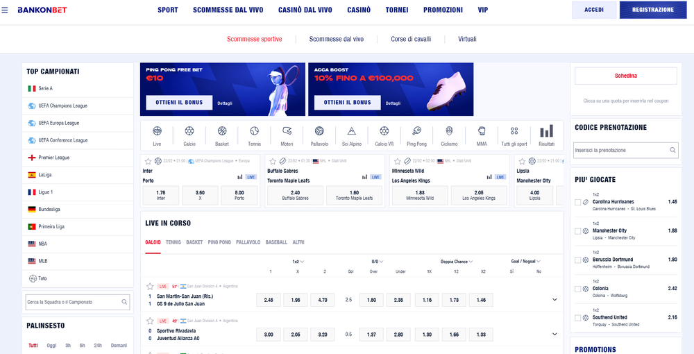 Bankonbet scommesse sportive - palinsesto 40 discipline 2026
