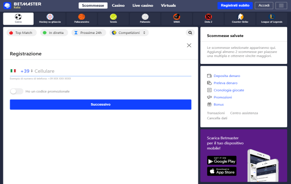 Betmaster registrazione